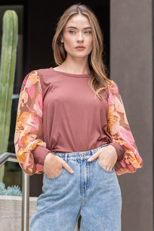 Redwood Raglan Sheer Floral Long Sleeve