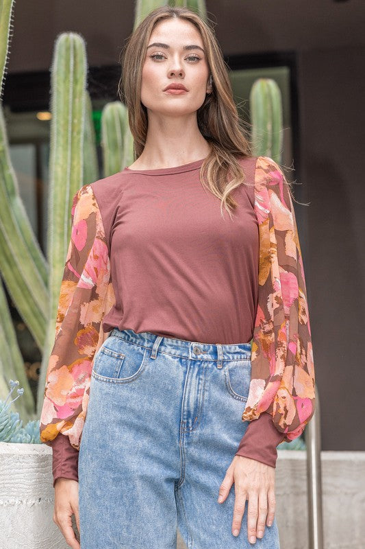 Redwood Raglan Sheer Floral Long Sleeve