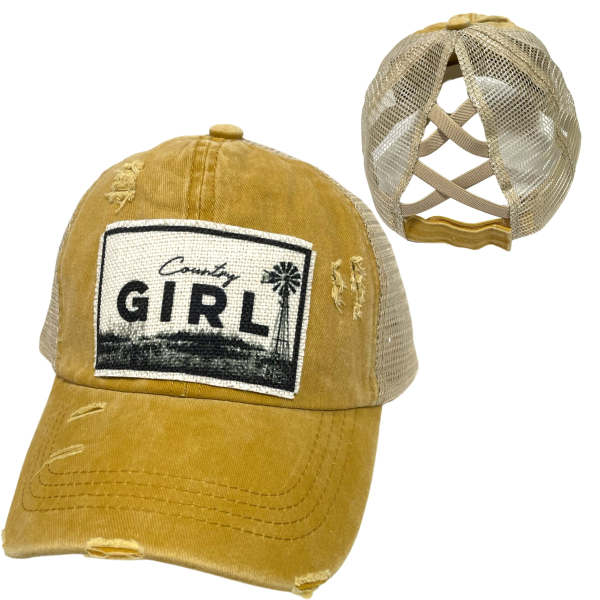 Country Girl Distressed Marigold High Pony Tail baseball cap *