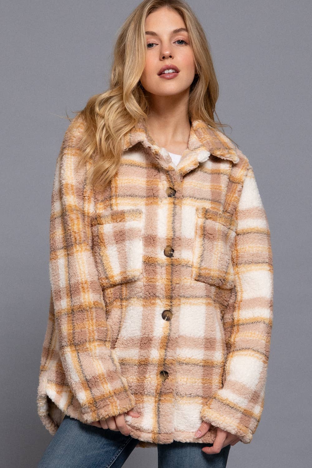 Long Sleeve Button Down Oversize Plaid Faux Fur Jacket