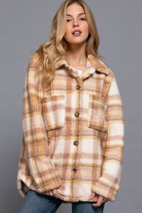 Long Sleeve Button Down Oversize Plaid Faux Fur Jacket