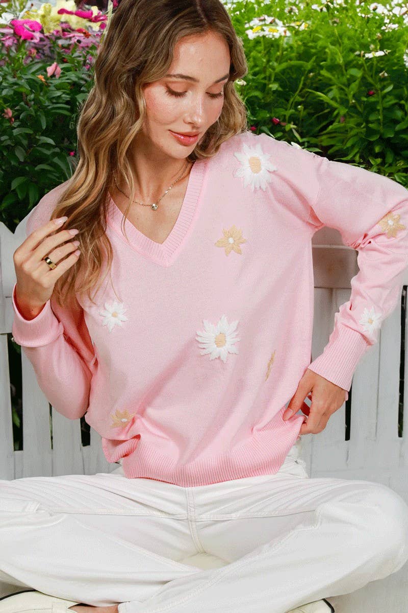 V-Neck Long-Sleeve Floral Embroidery Knitted Sweater Pink