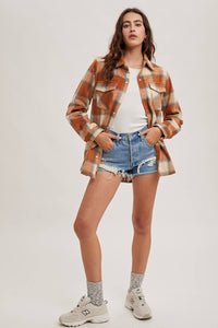 BUTTON DOWN FLANNEL SHACKET JACKET WITH POCKETS: PUMPKIN