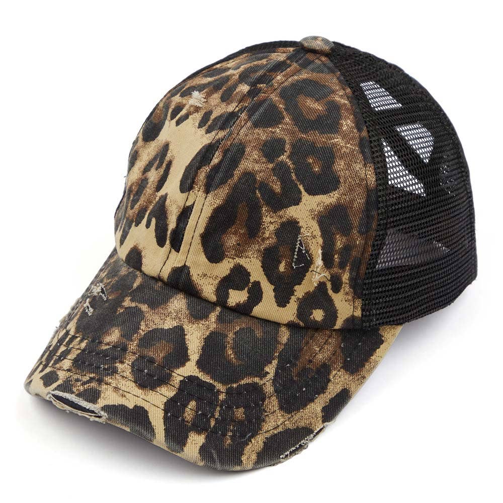 C.C Washed Denim with Crossed Elastic Band Mesh Pony Cap: Leopard