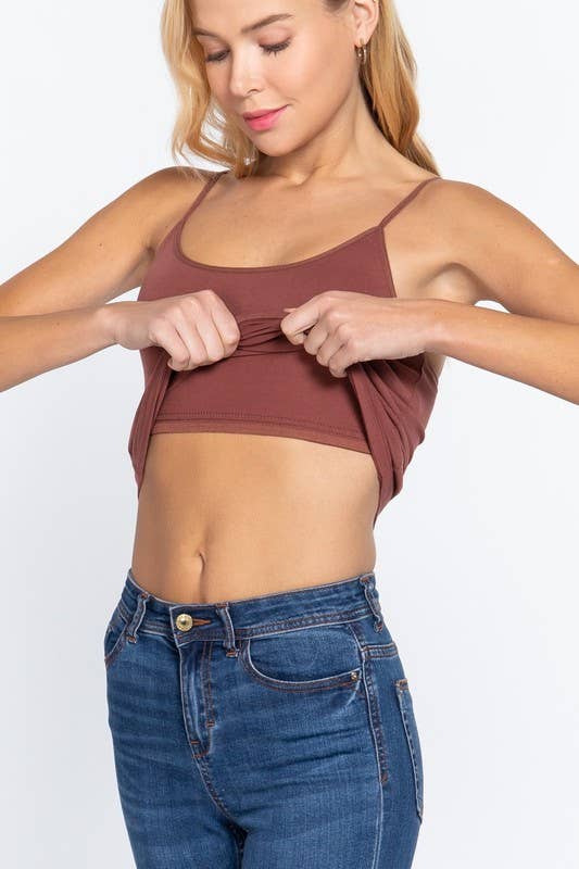 Basic Adjustable Spaghetti Strap Cropped Cami with Shelf Bra: Sepia