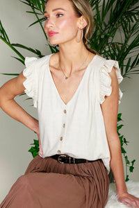 Linen button up v-neck sleeveless blouse in cream