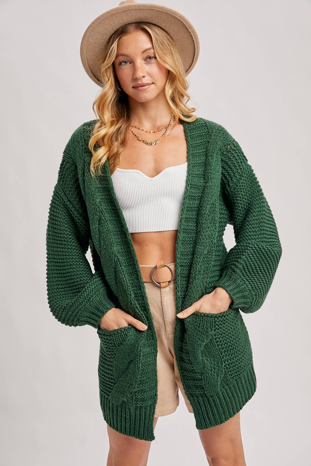 CHUNKY CABLE LANTERN SLEEVE CARDIGAN