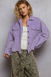 Pocket Front Button Down Corduroy Trucker Jacket: PURPLE IRIS