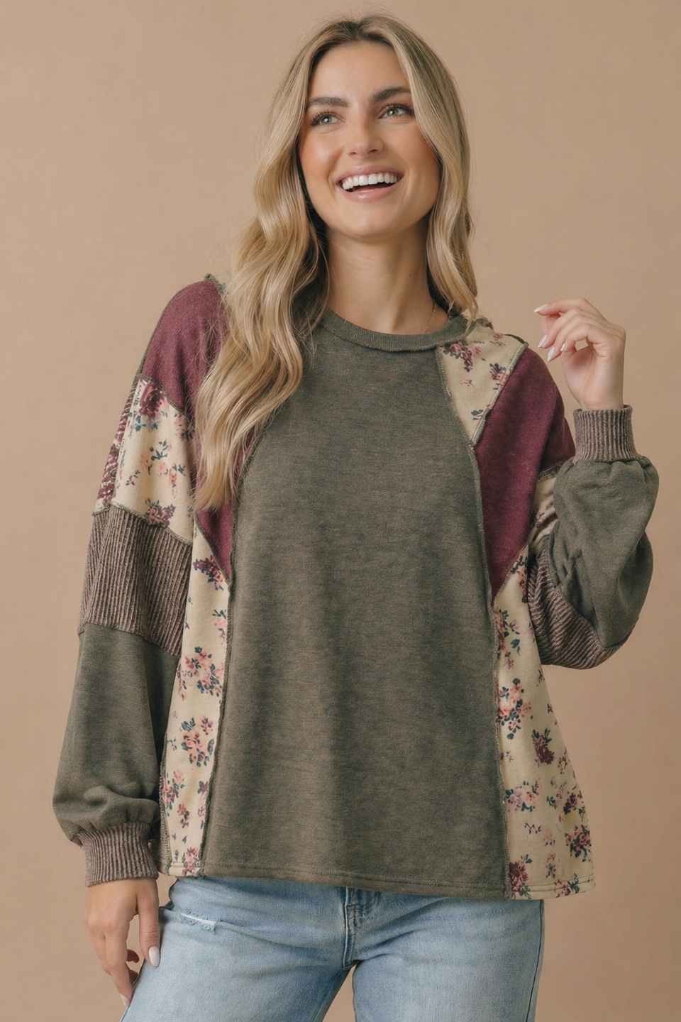 Mixed Media Patchwork Pullover Knit Top: OLIVE