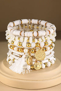 10 Layered Boho Stretch Bracelet with Tassel: White Sands