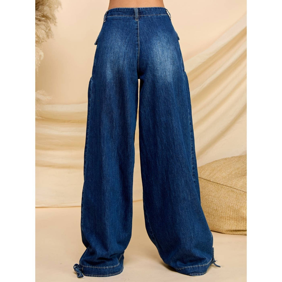 Ankle Drawstring Wide Denim Pants: Dark Wash