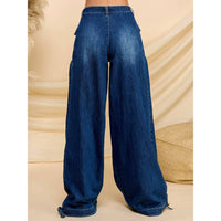 Ankle Drawstring Wide Denim Pants: Dark Wash