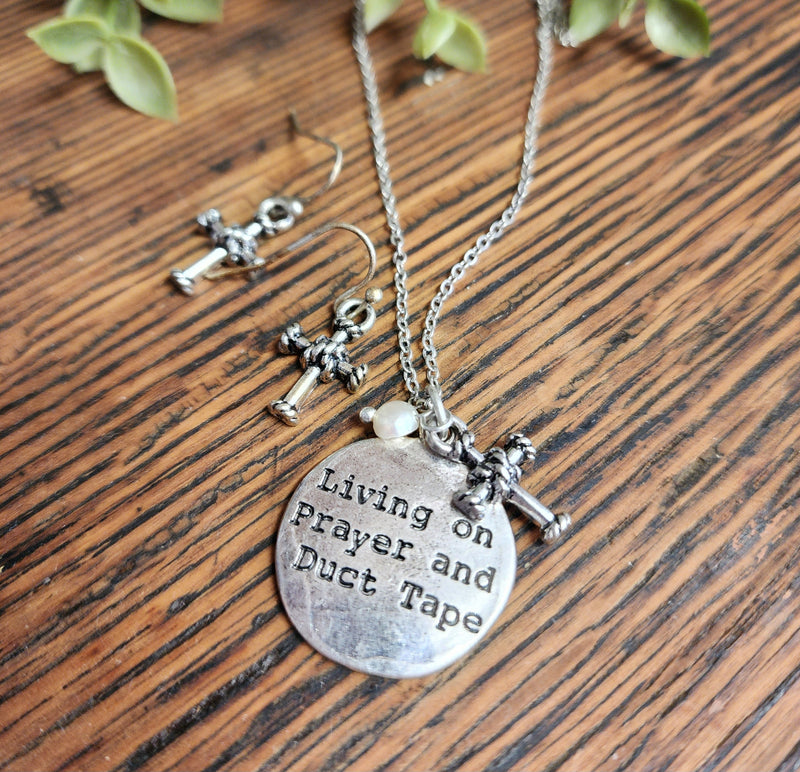 "Living on Prayer and Duct Tape" stamped necklace