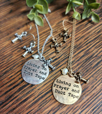 "Living on Prayer and Duct Tape" stamped necklace