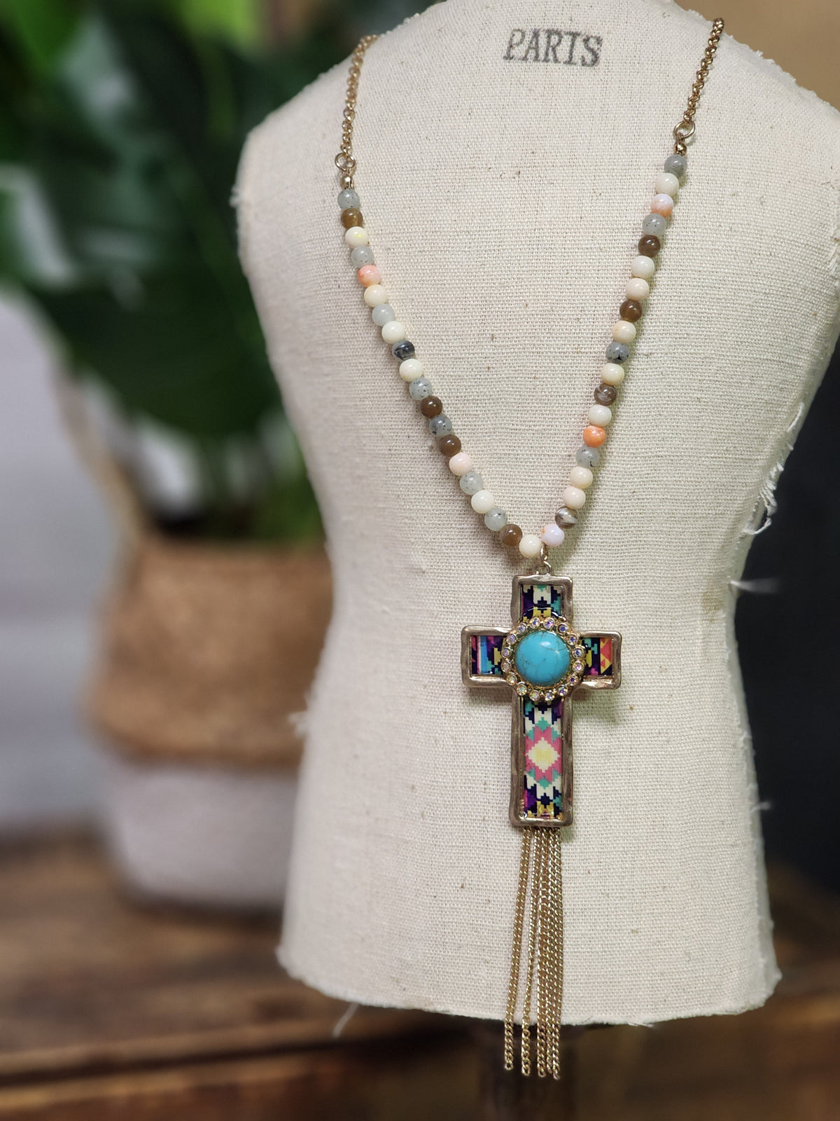 Aztec Print Cross with gold chain tassel necklace * on sale