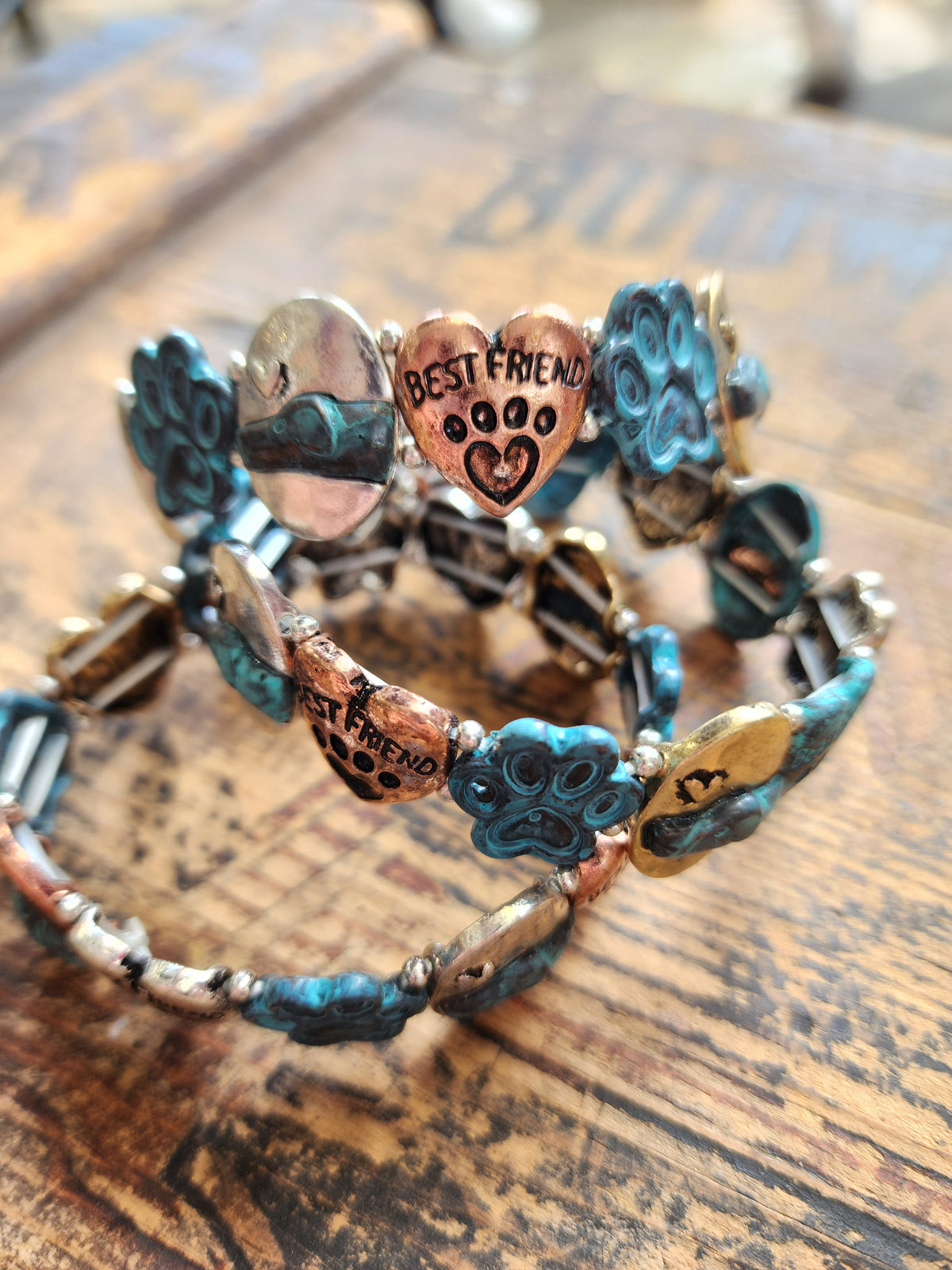 Mixed Puppy Love patina finish stamped bracelet