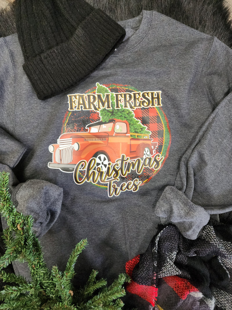 "Farm Fresh Christmas Trees" graphic sweater