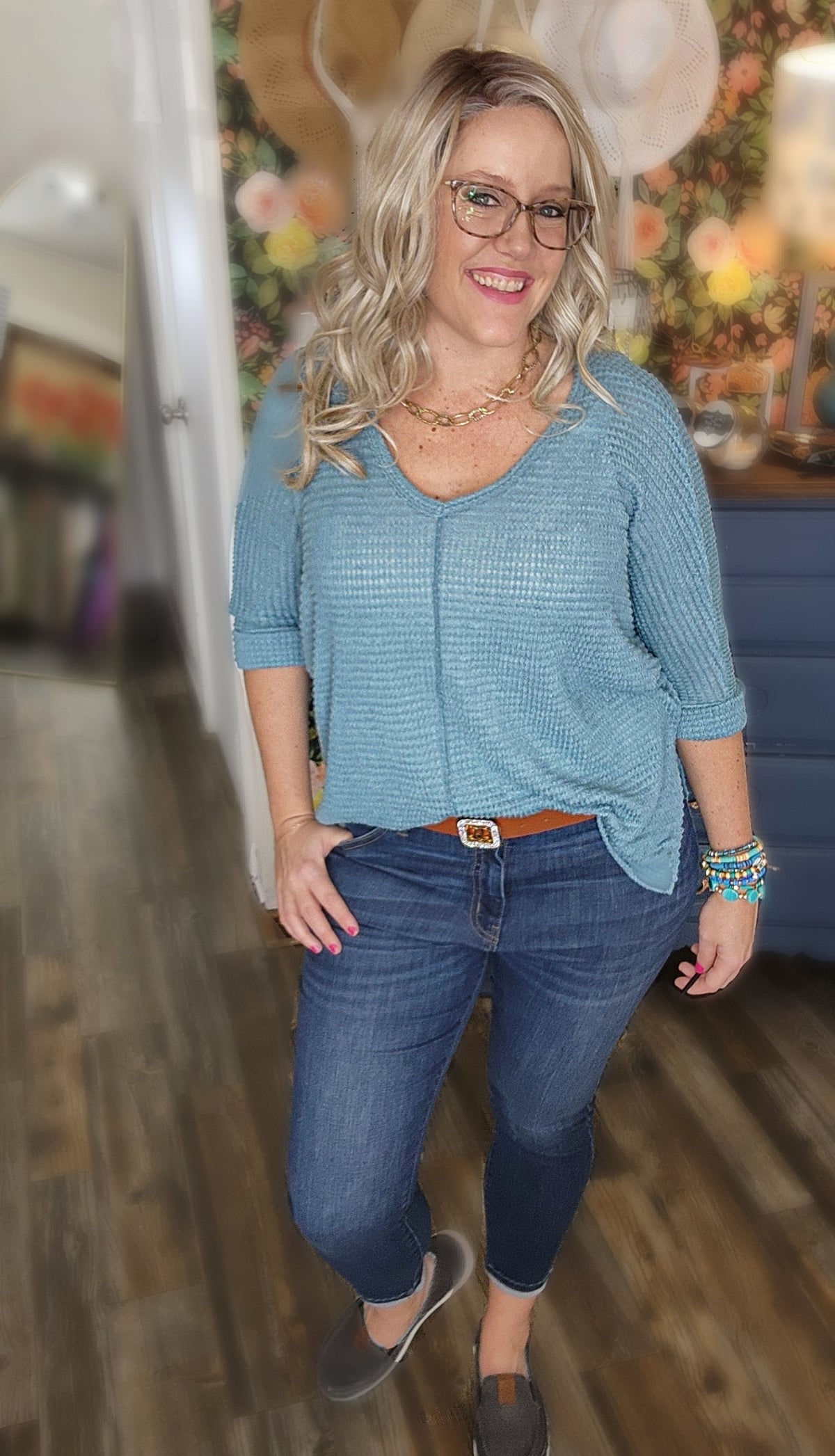 Dolly 3/4 Sleeve Loose Knit Blouse Sm - 3XL in Teal