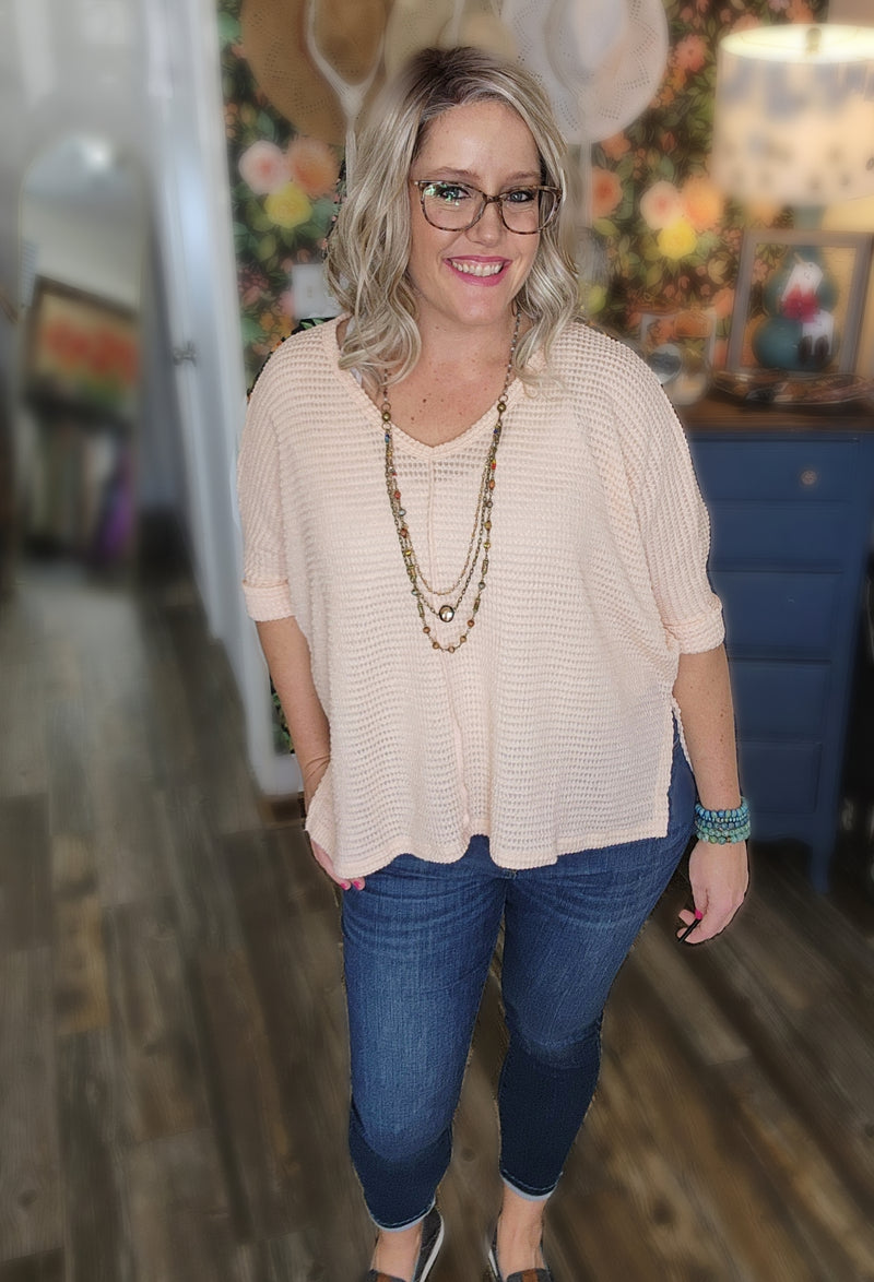 Dolly 3/4 Sleeve Loose Knit Blouse Sm - XL in Peach * on sale