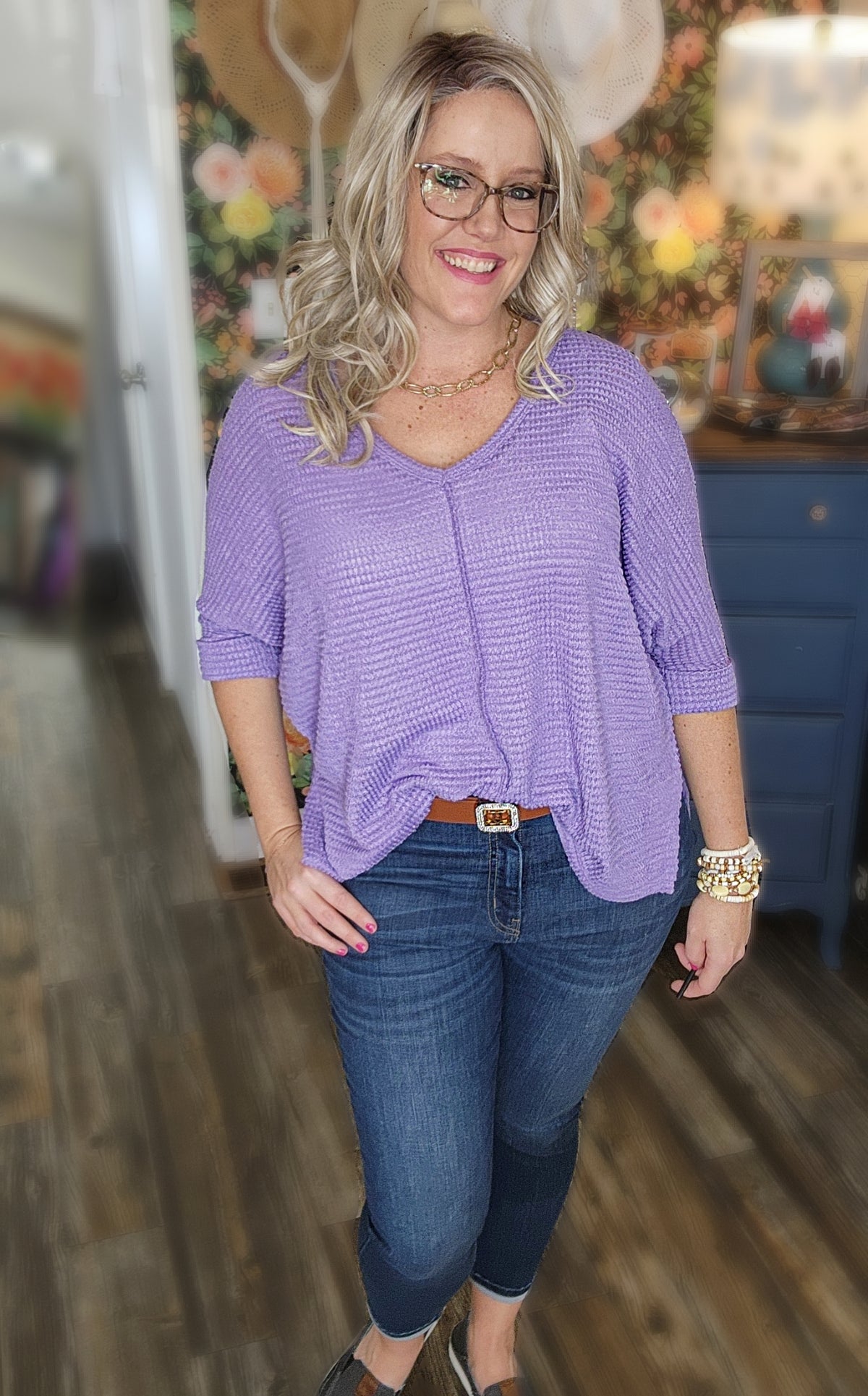 Dolly 3/4 Sleeve Loose Knit Blouse Sm - XL in Lavender