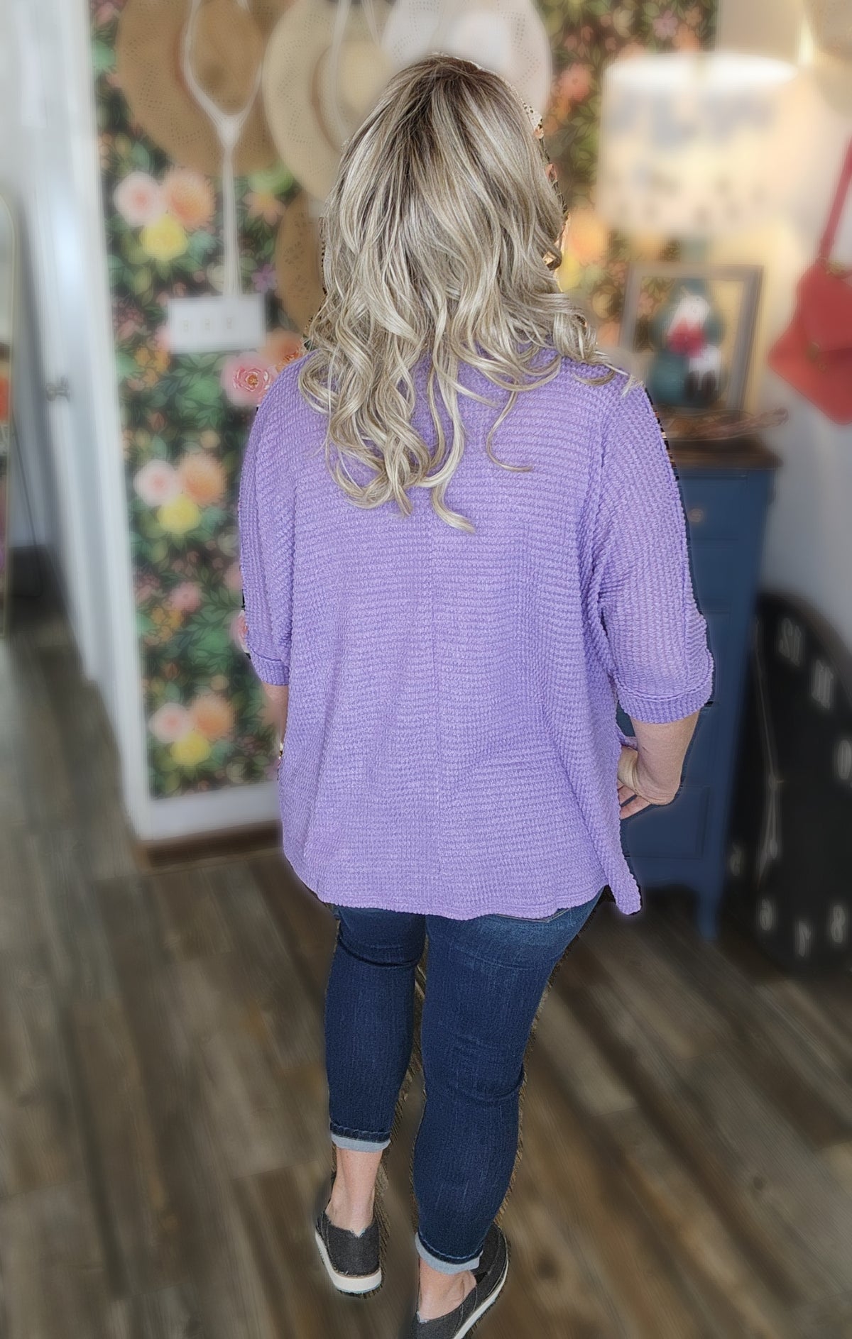 Dolly 3/4 Sleeve Loose Knit Blouse Sm - XL in Lavender
