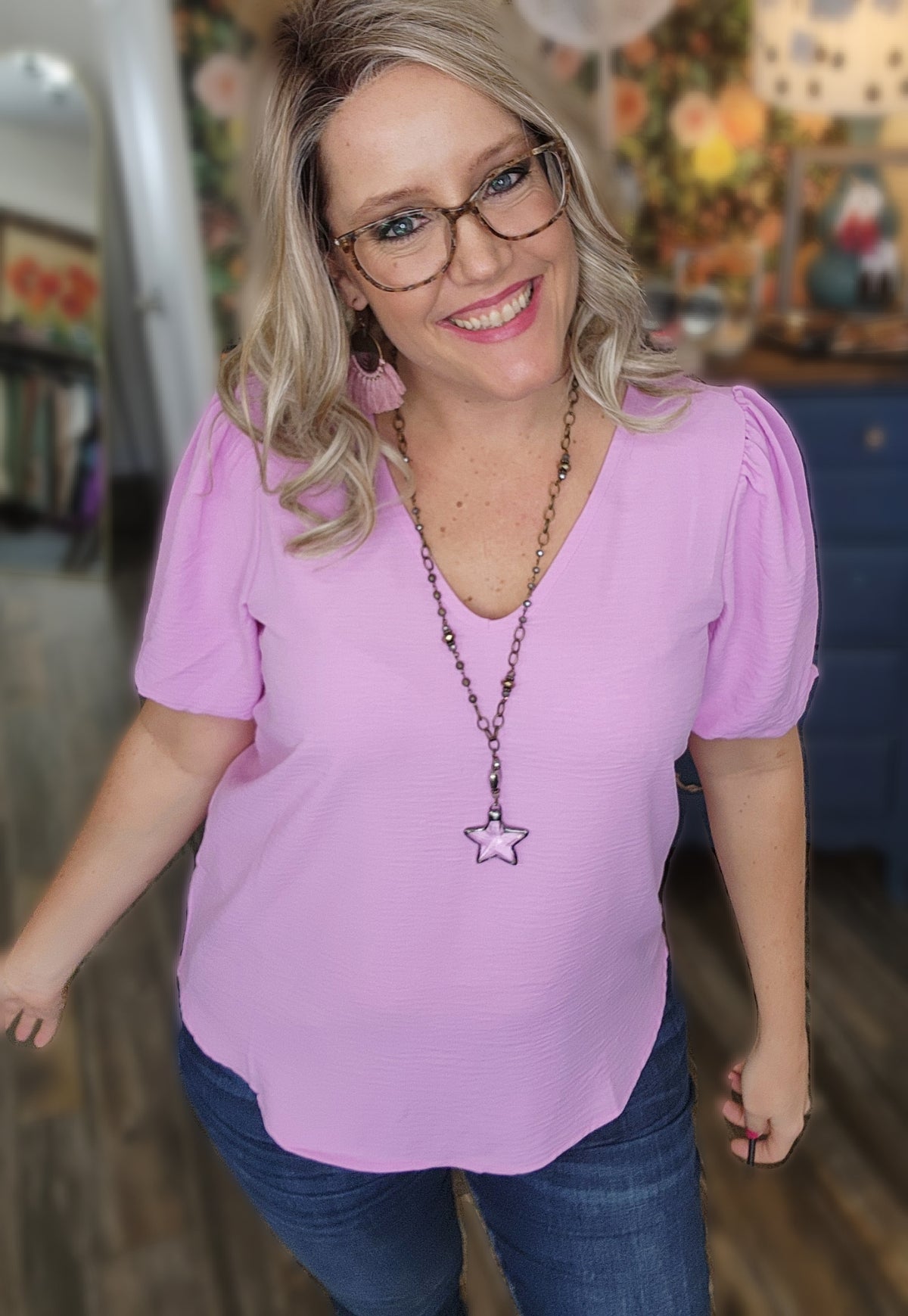 Puff Sleeve V-Neck Blouse in Pink * on sale