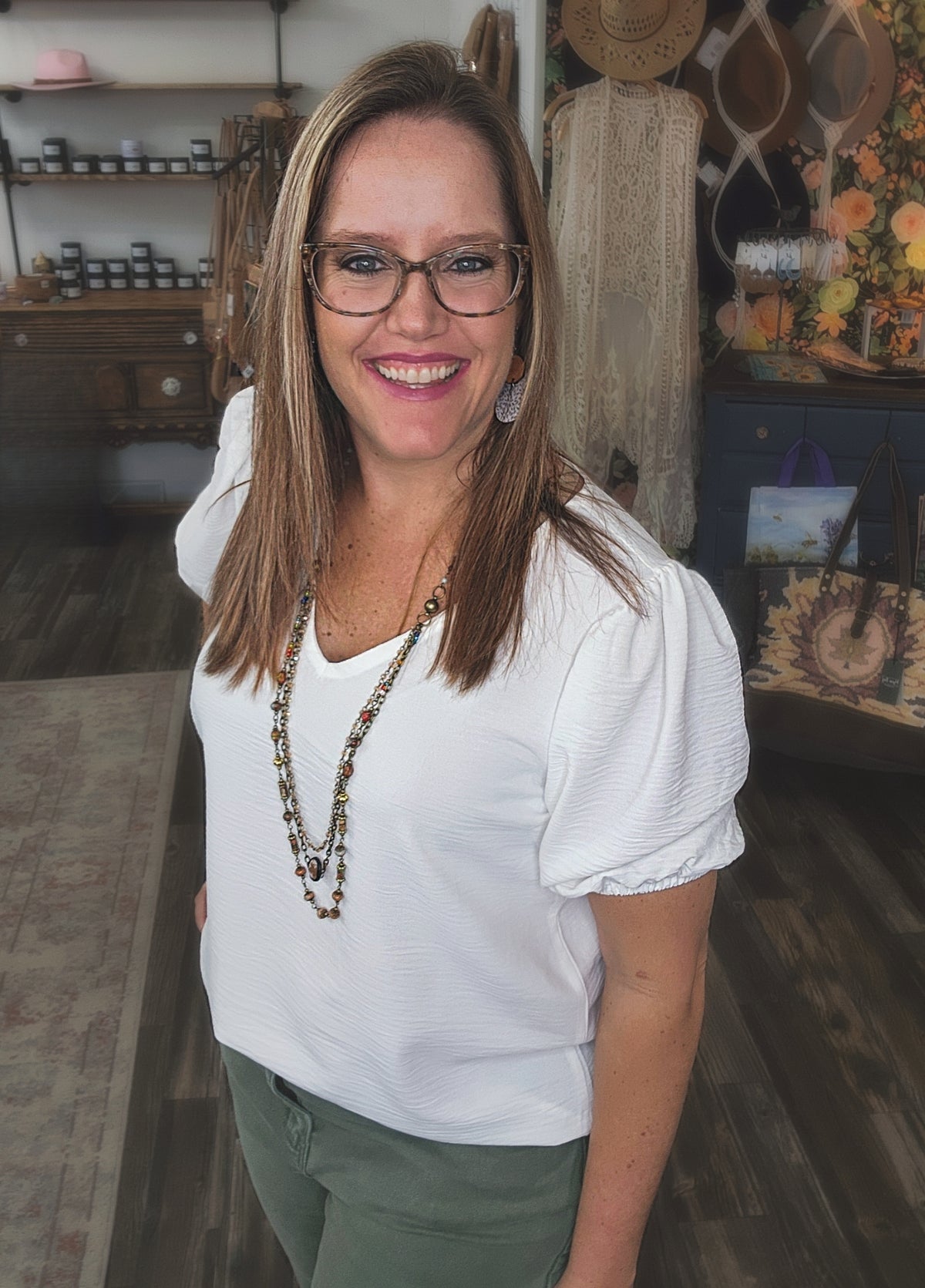 Puff Sleeve V-Neck Blouse in White