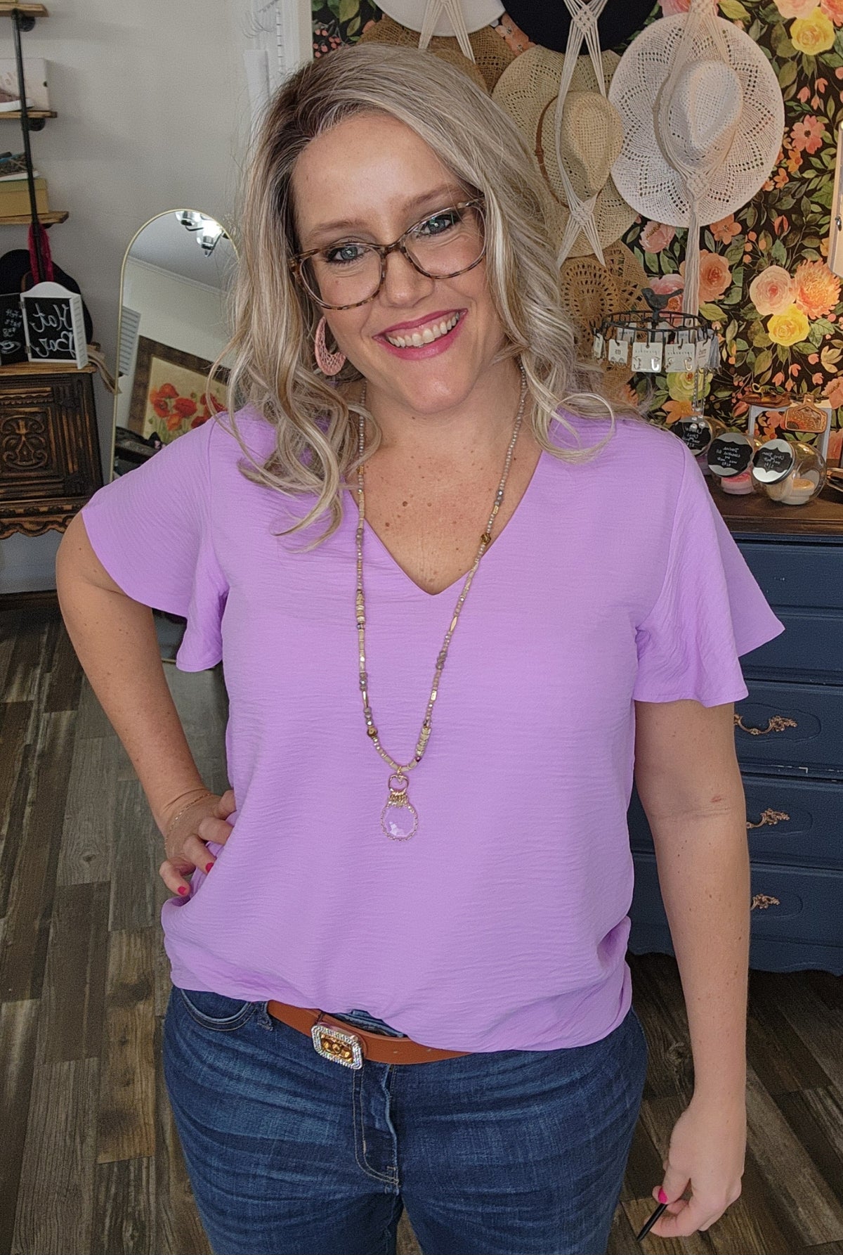 Flutter Sleeve Blouse in Lilac S - 3XL