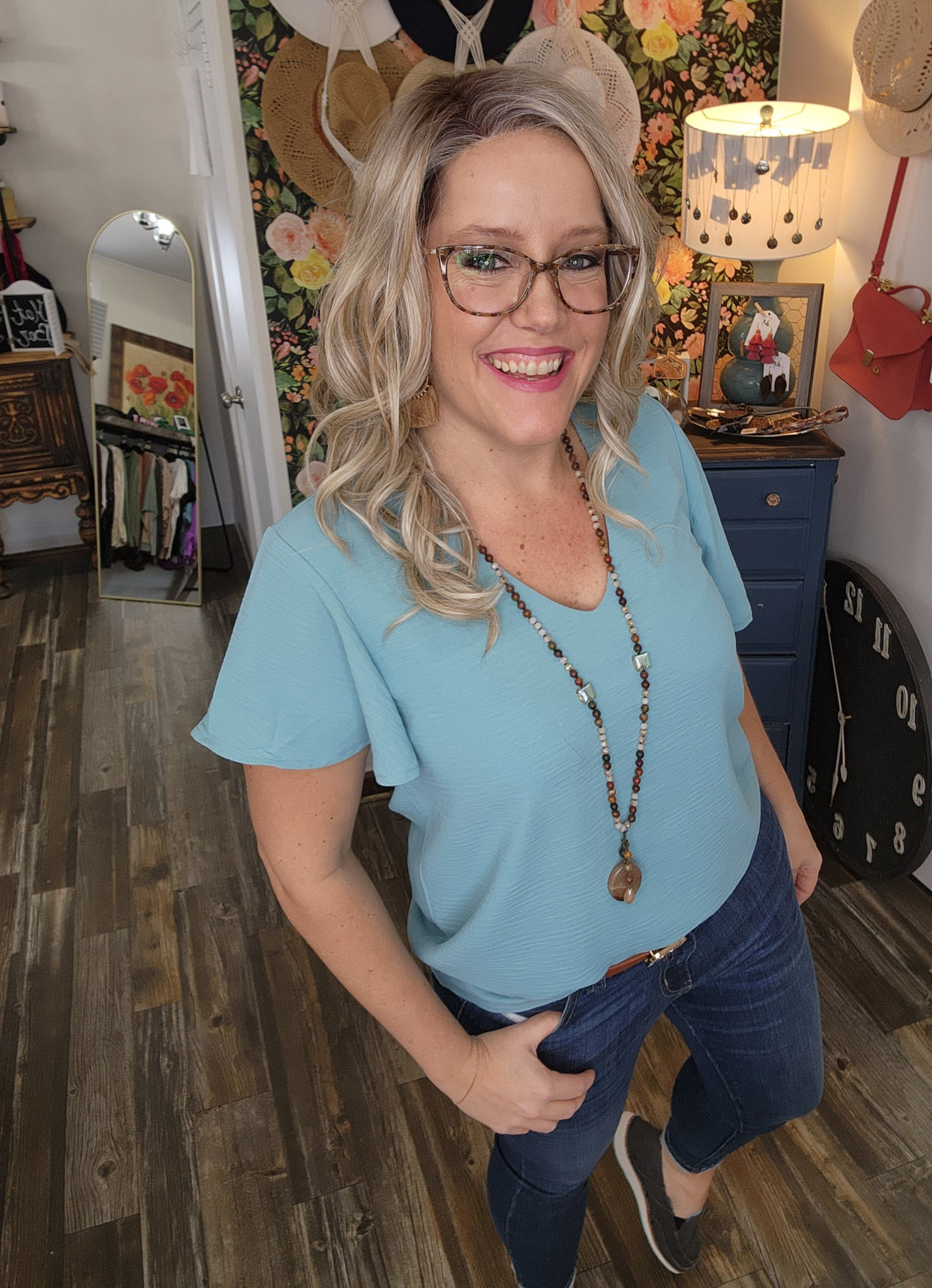 Flutter Sleeve Blouse in Teal S - 3XL