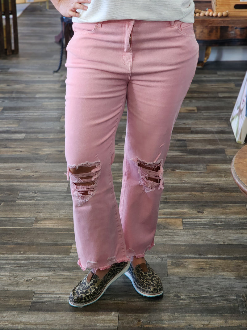 Janis Acid Wash Fray Jeans in pink