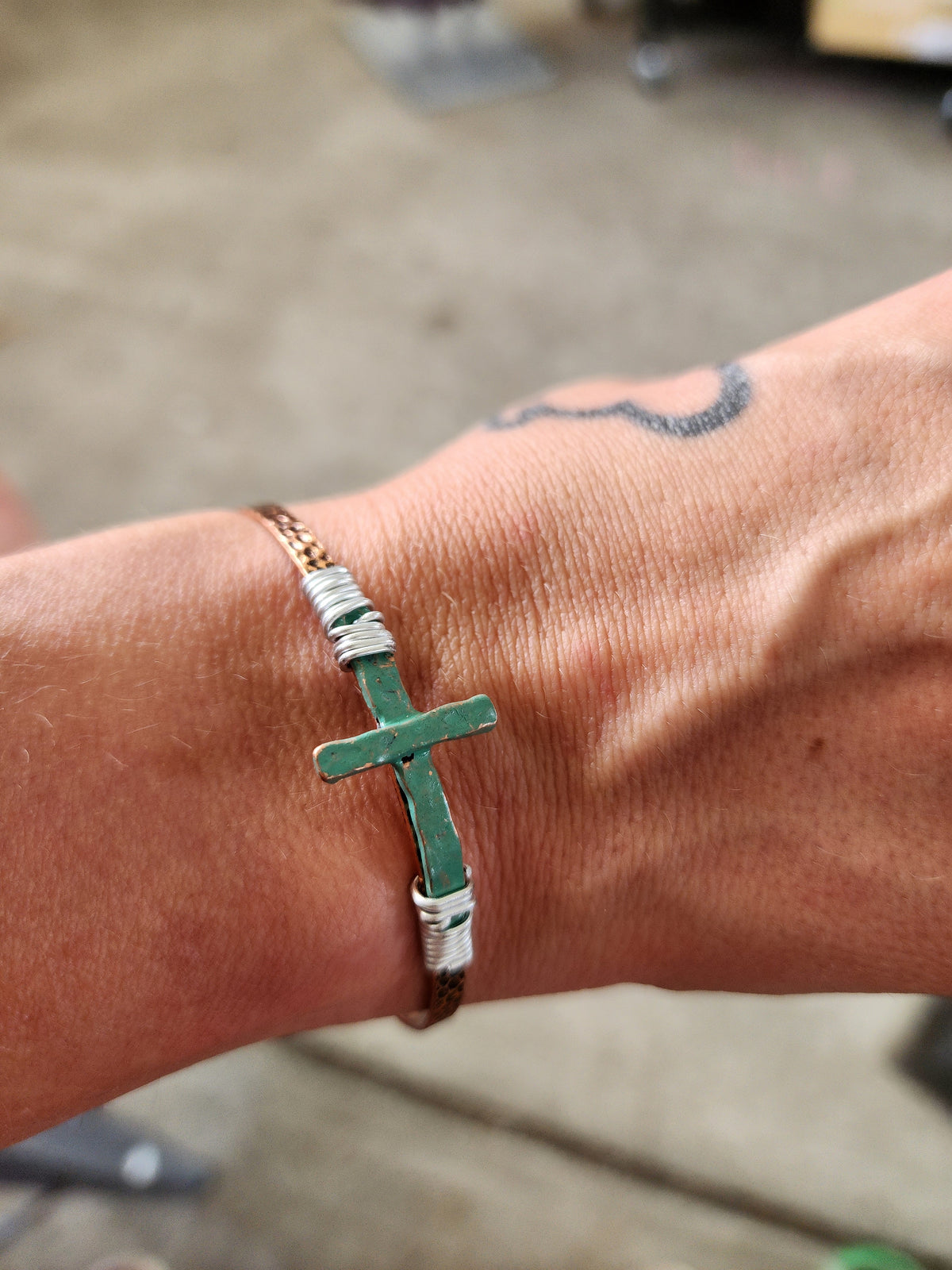 Cross patina finish stamped bracelet