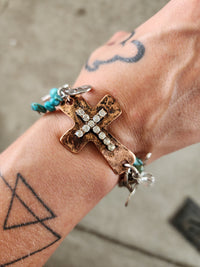 Cross patina finish rhinestone chainlink stamped bracelet