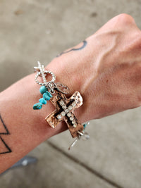 Cross patina finish rhinestone chainlink stamped bracelet