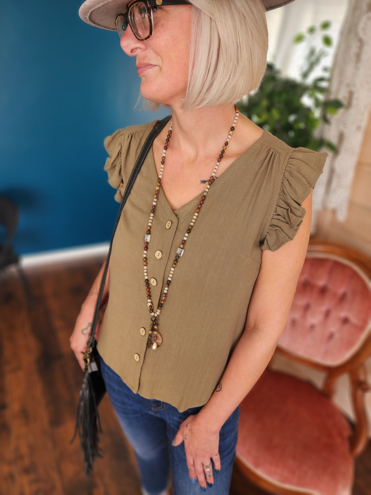 Linen button up v-neck sleeveless blouse in olive