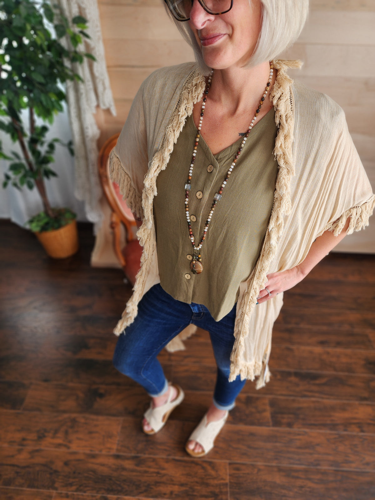 Linen button up v-neck sleeveless blouse in olive