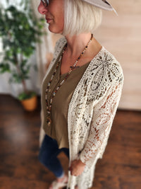 Boho Crochet Lace Sleeves Kimono in Oat