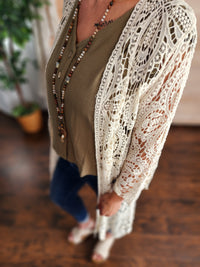 Boho Crochet Lace Sleeves Kimono in Oat