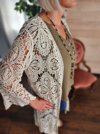 Boho Crochet Lace Sleeves Kimono in Oat