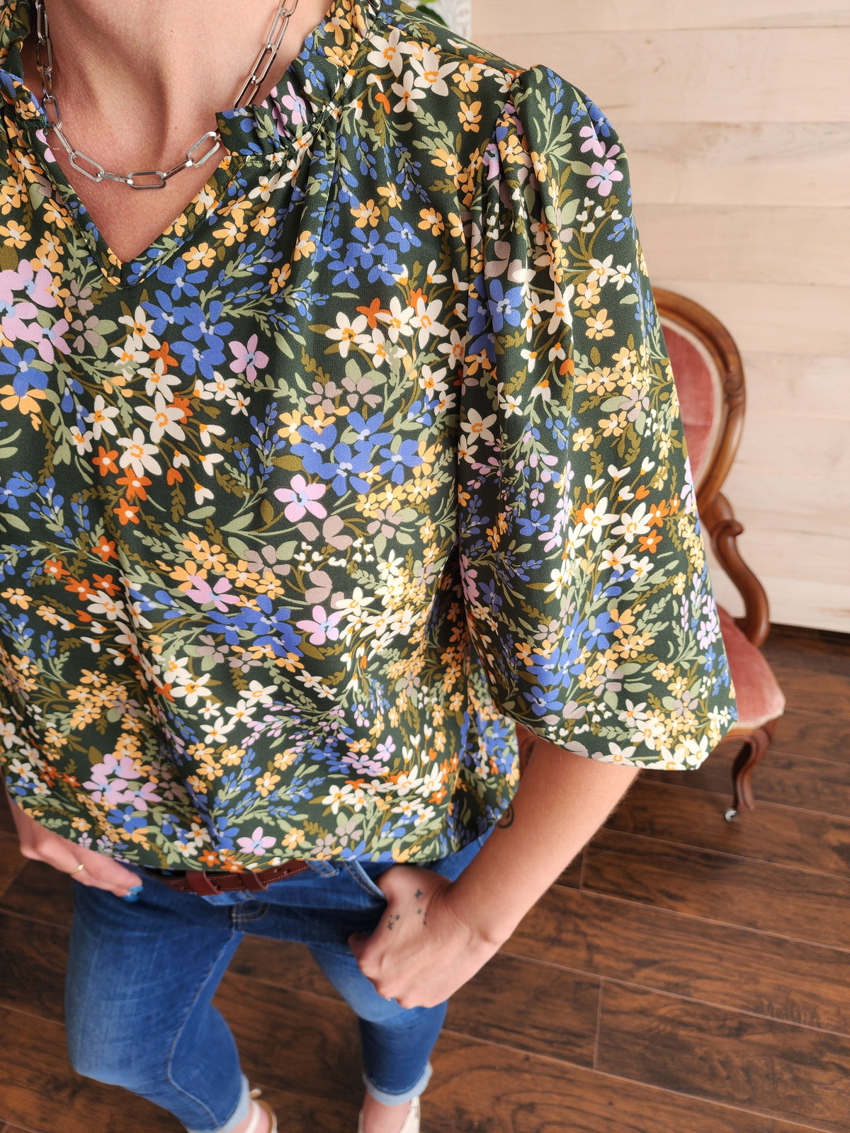 Evergreen Fall Floral Blouse with 3/4 sleeve * on sale