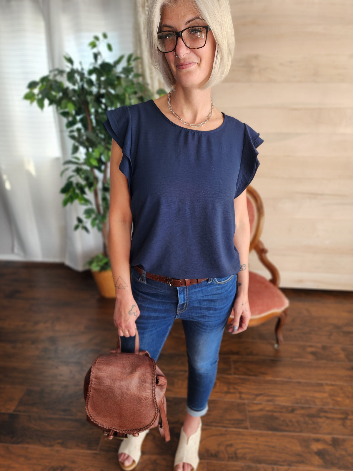 Ruffle cap sleeve blouse in navy