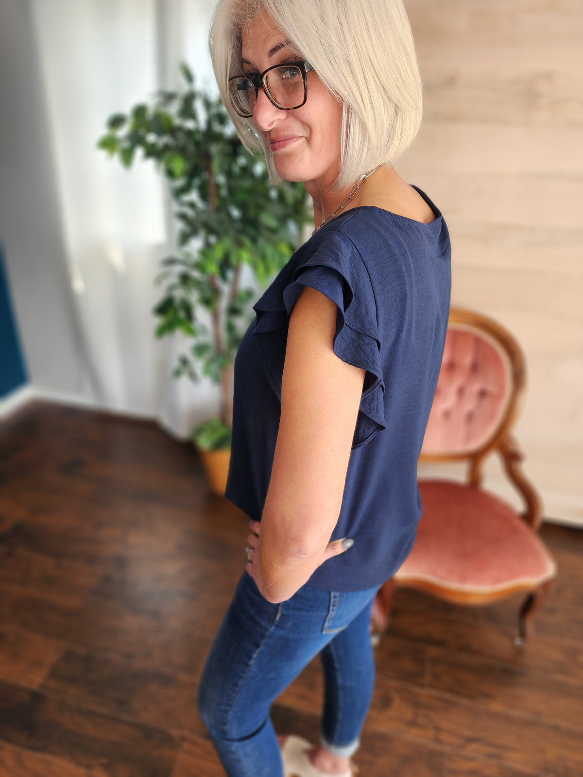 Ruffle cap sleeve blouse in navy