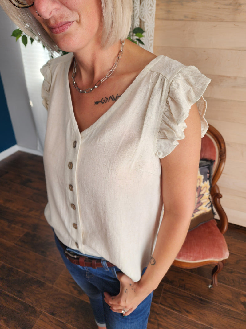 Linen button up v-neck sleeveless blouse in cream