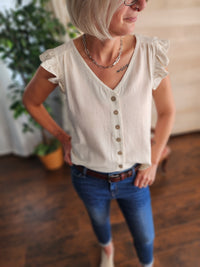 Linen button up v-neck sleeveless blouse in cream