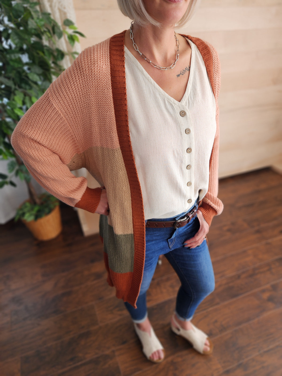 Red Clay Mix Color Block Cardigan * on sale