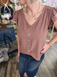 Linen button up v-neck sleeveless blouse in rosewood