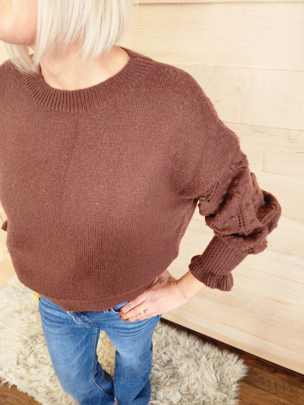 Flouce Sleeve Cable Knit Long Sleeve Sweater