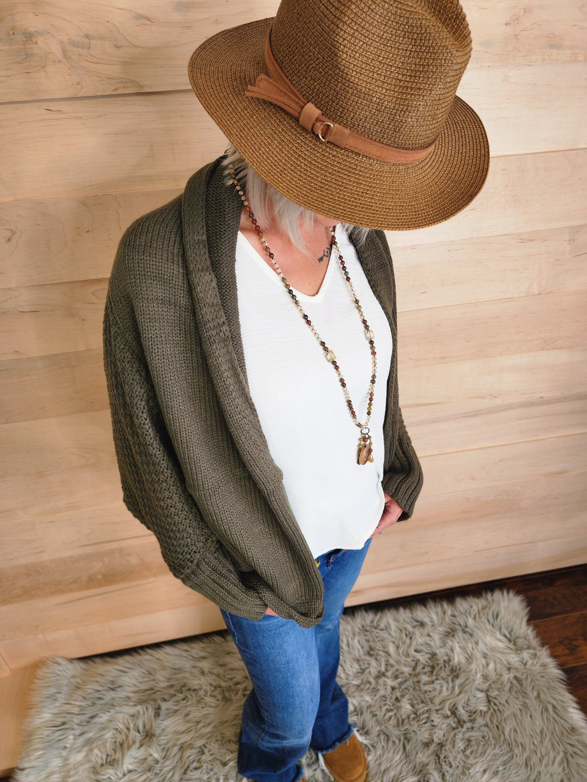 Bat Sleeve Knit Cardigan Olive