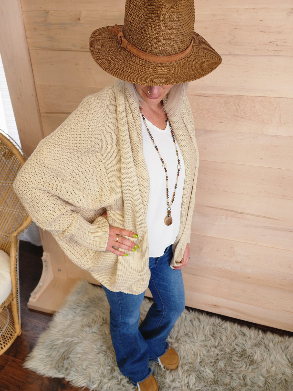 Bat Sleeve Knit Cardigan Beige