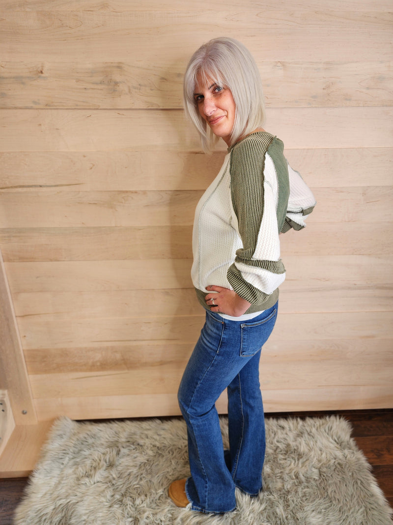 Olive color block fleece long sleeve