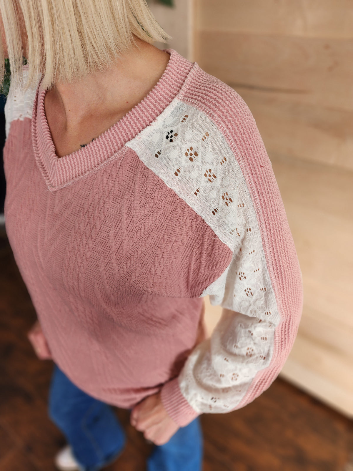 Mauve cable knit color block lace long sleeve *